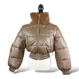 Retrofete Tan Leather Stevie Cropped Puffer Moto Jacket Sz Small